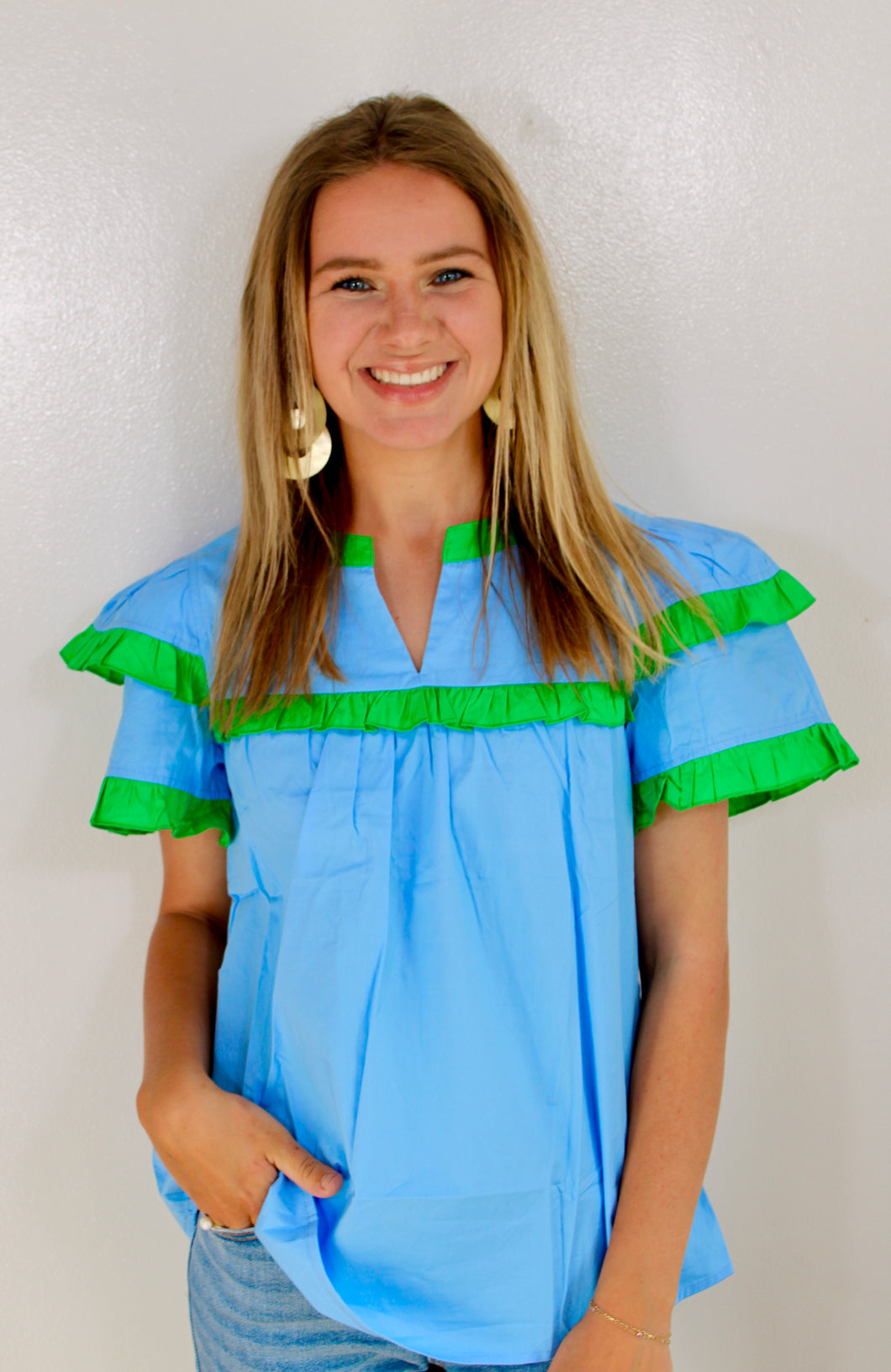 Green link ruffle top- last chance