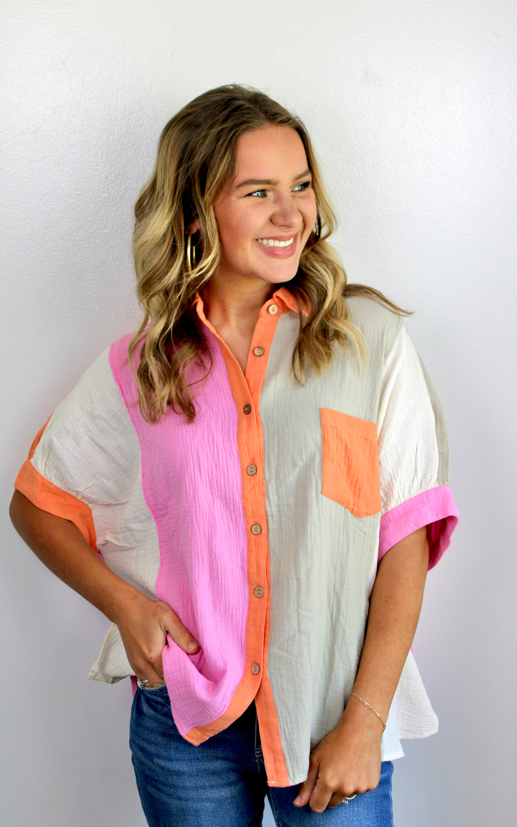 Oatmeal pink orange button down top