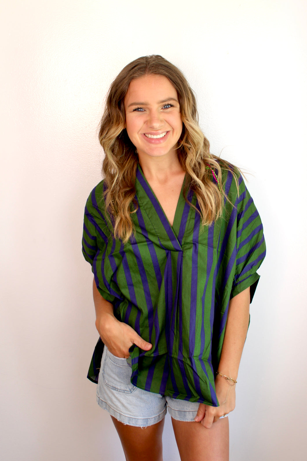 Green navy striped top