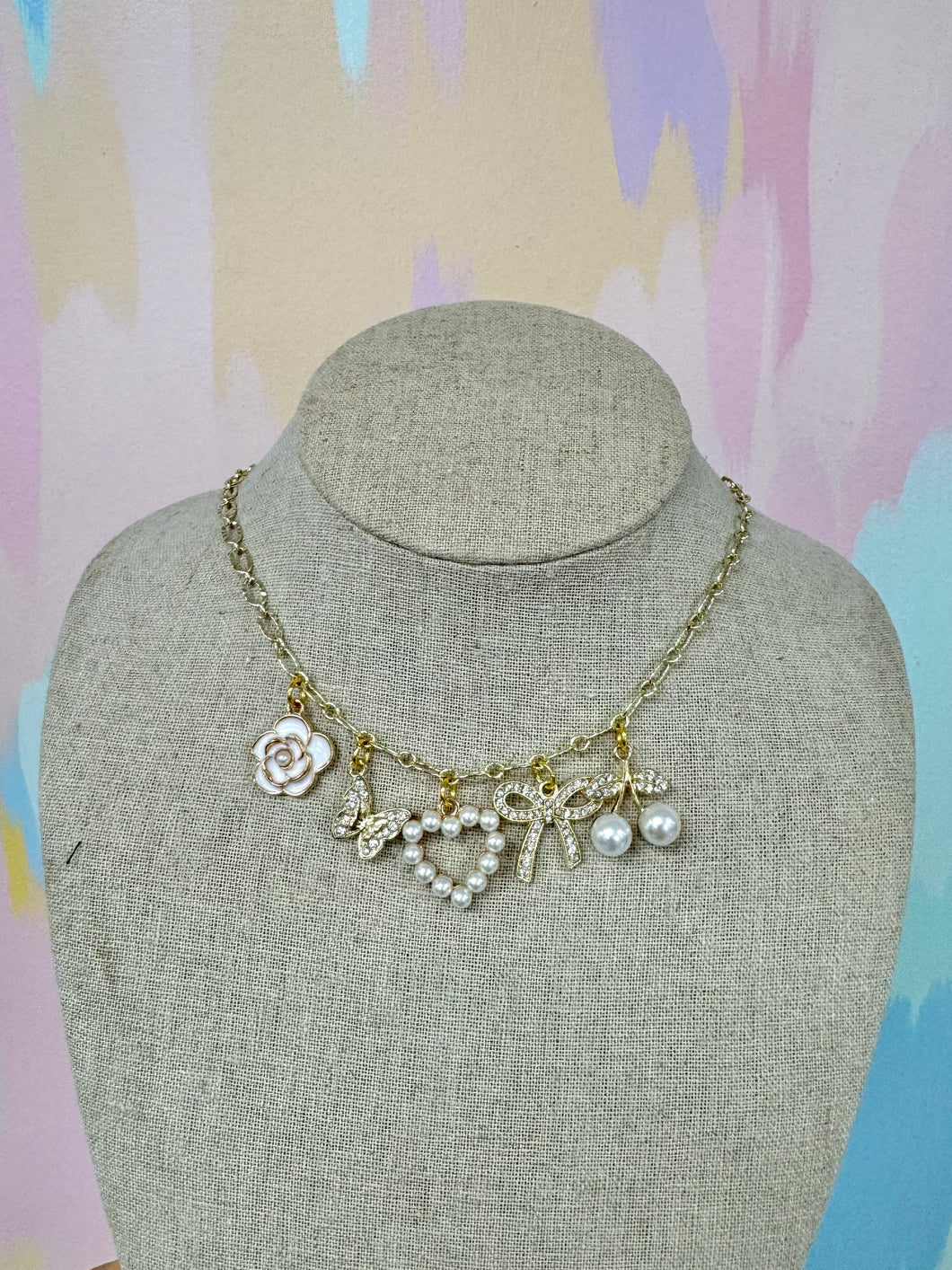 Heart bow Cherry charm necklace