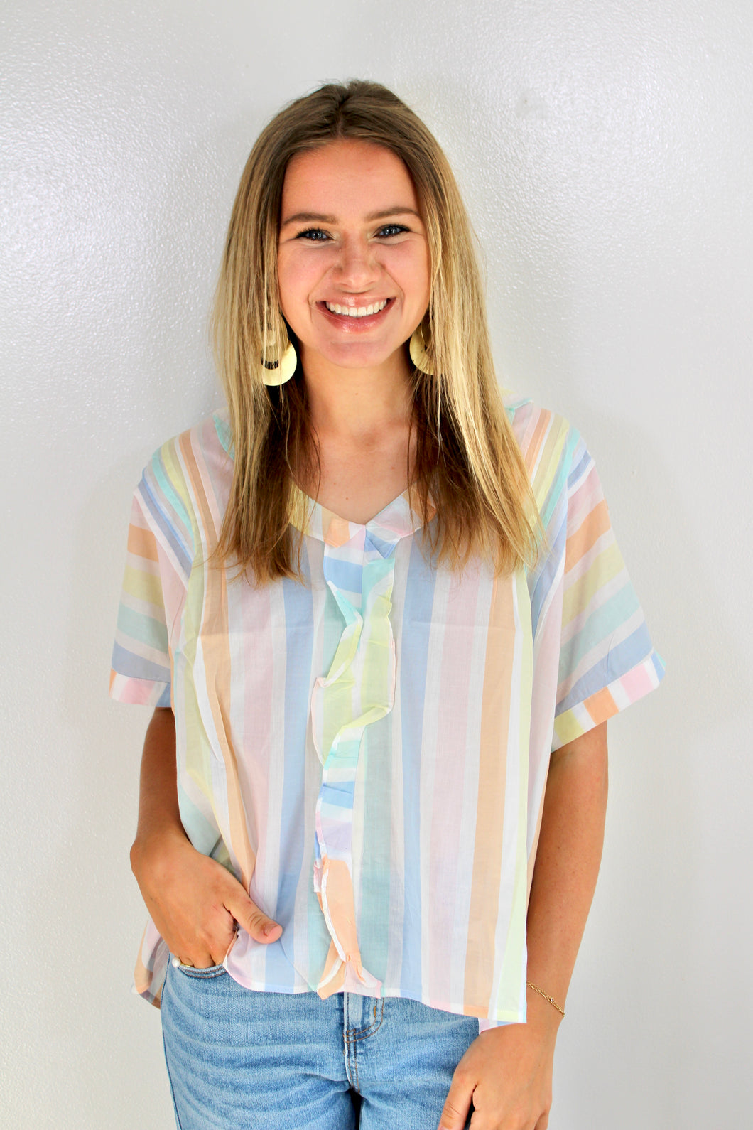 Multi stripe ruffle top