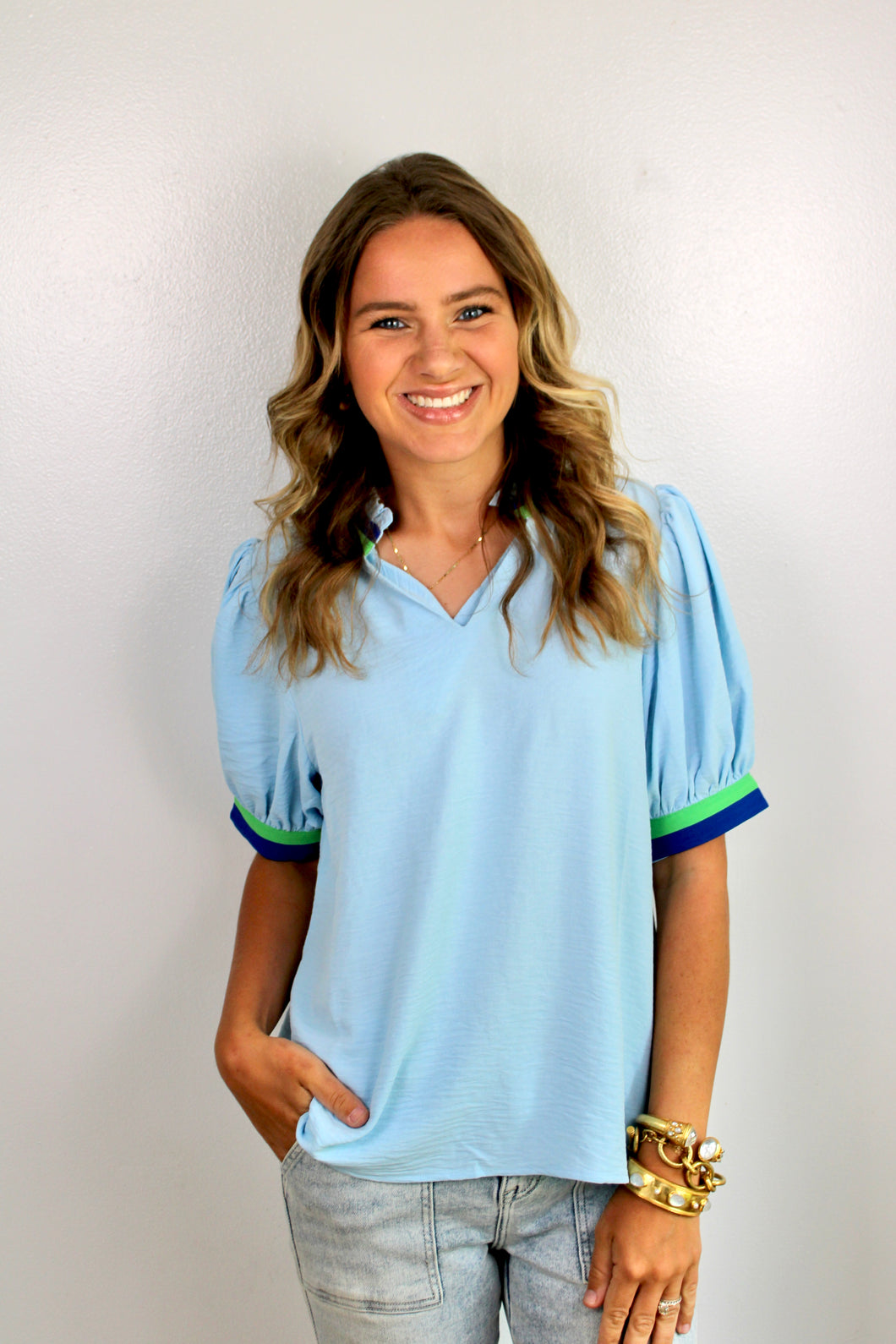 Blue color trim top