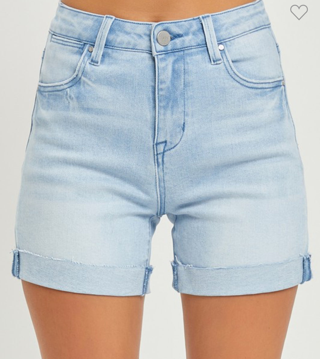 Light wash risen denim shorts