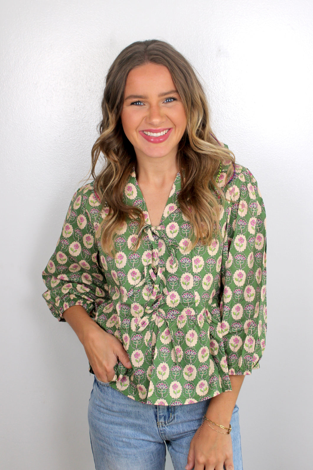 Green floral print tie top