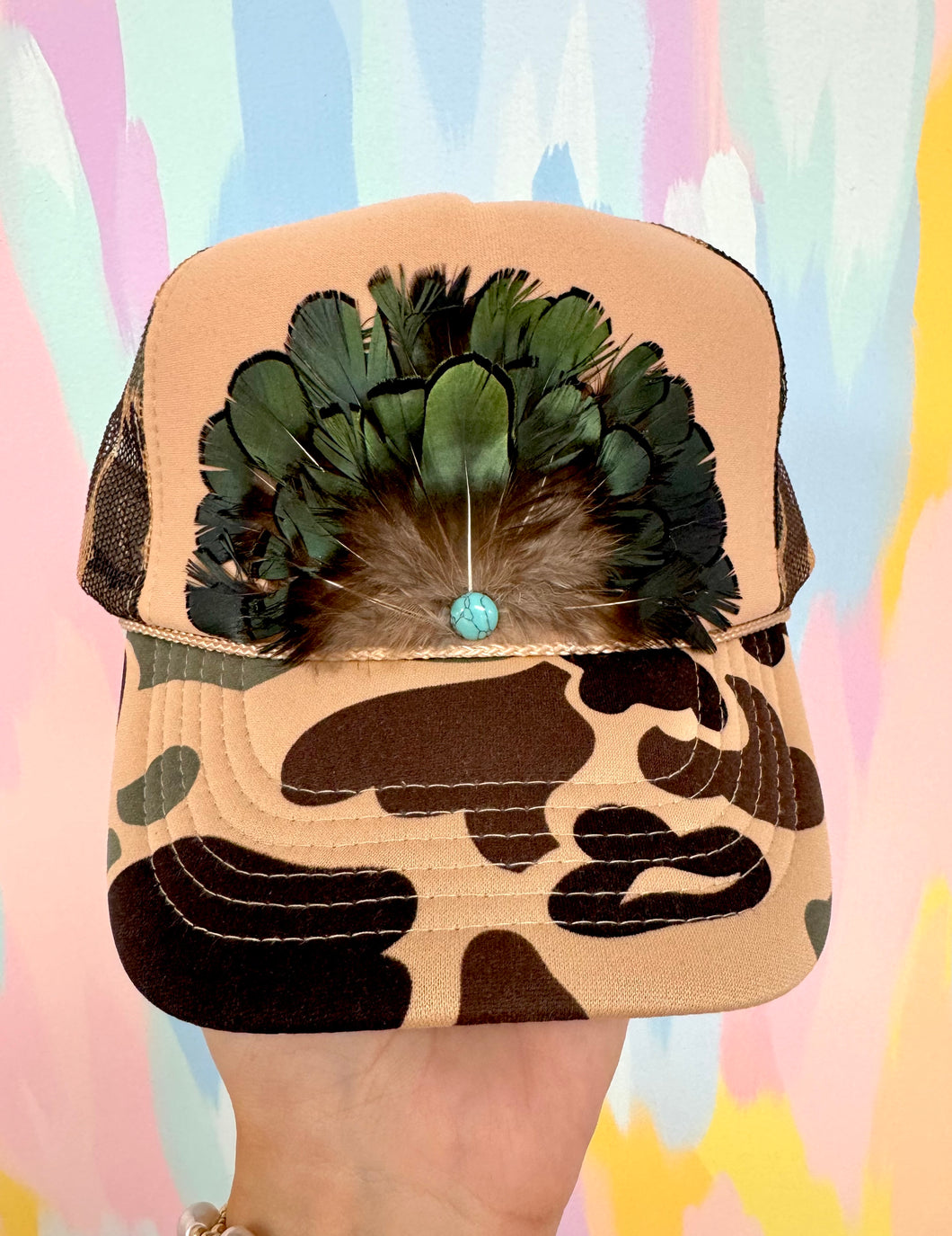 Beige camo feather hat- hart designs