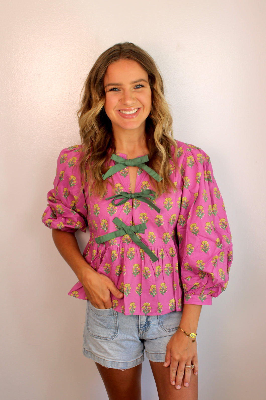 Pink green tie floral top