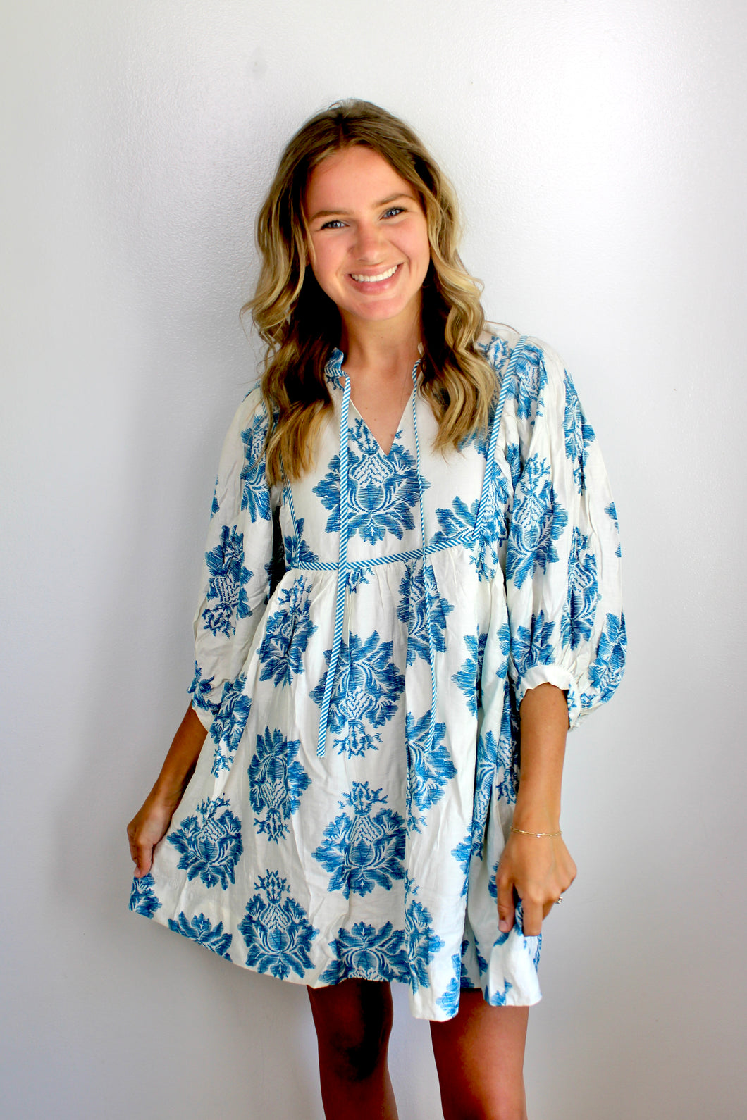 Blue ivory printed dress