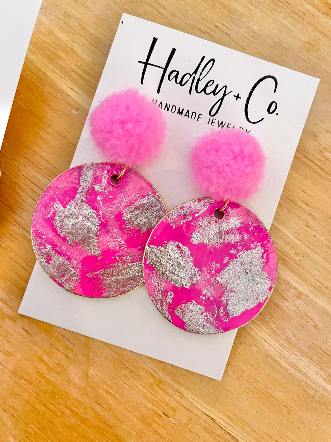 Pink silver pom Hadley + co earrings