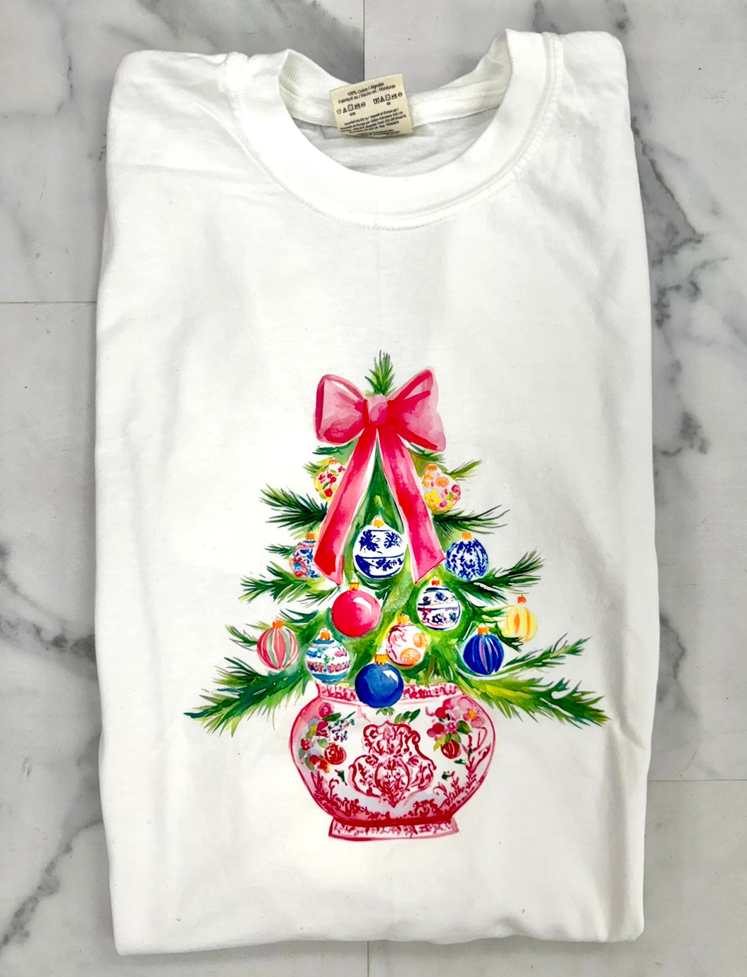 Colorful bow ornament tree tee