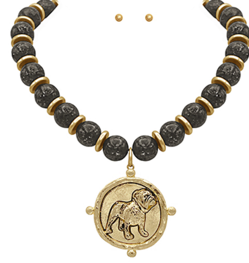 Black beaded bulldog necklace