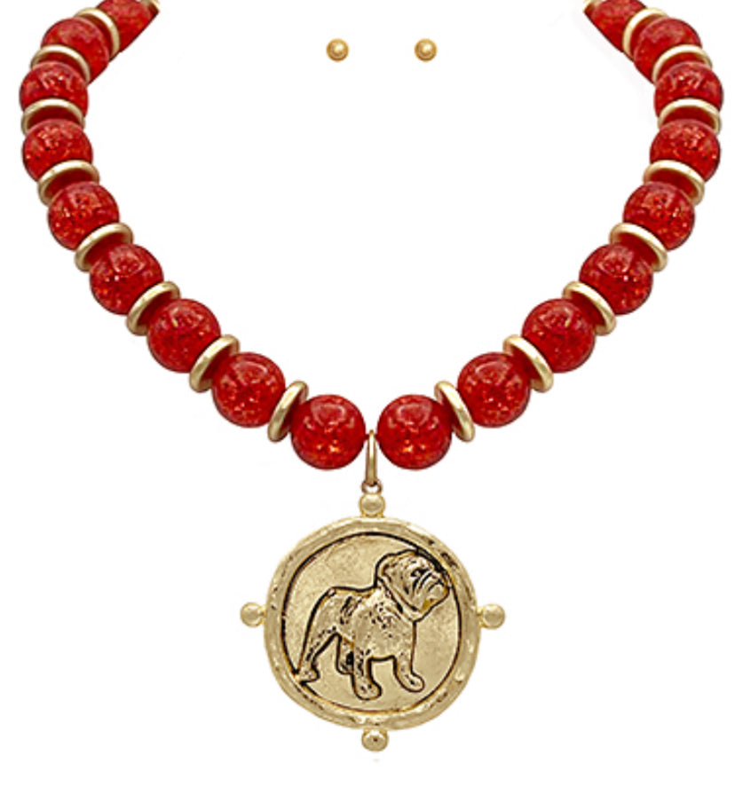 Red beaded bulldog necklace