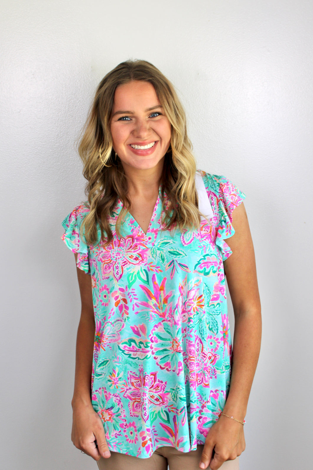 Aqua pink ruffle floral top last chance