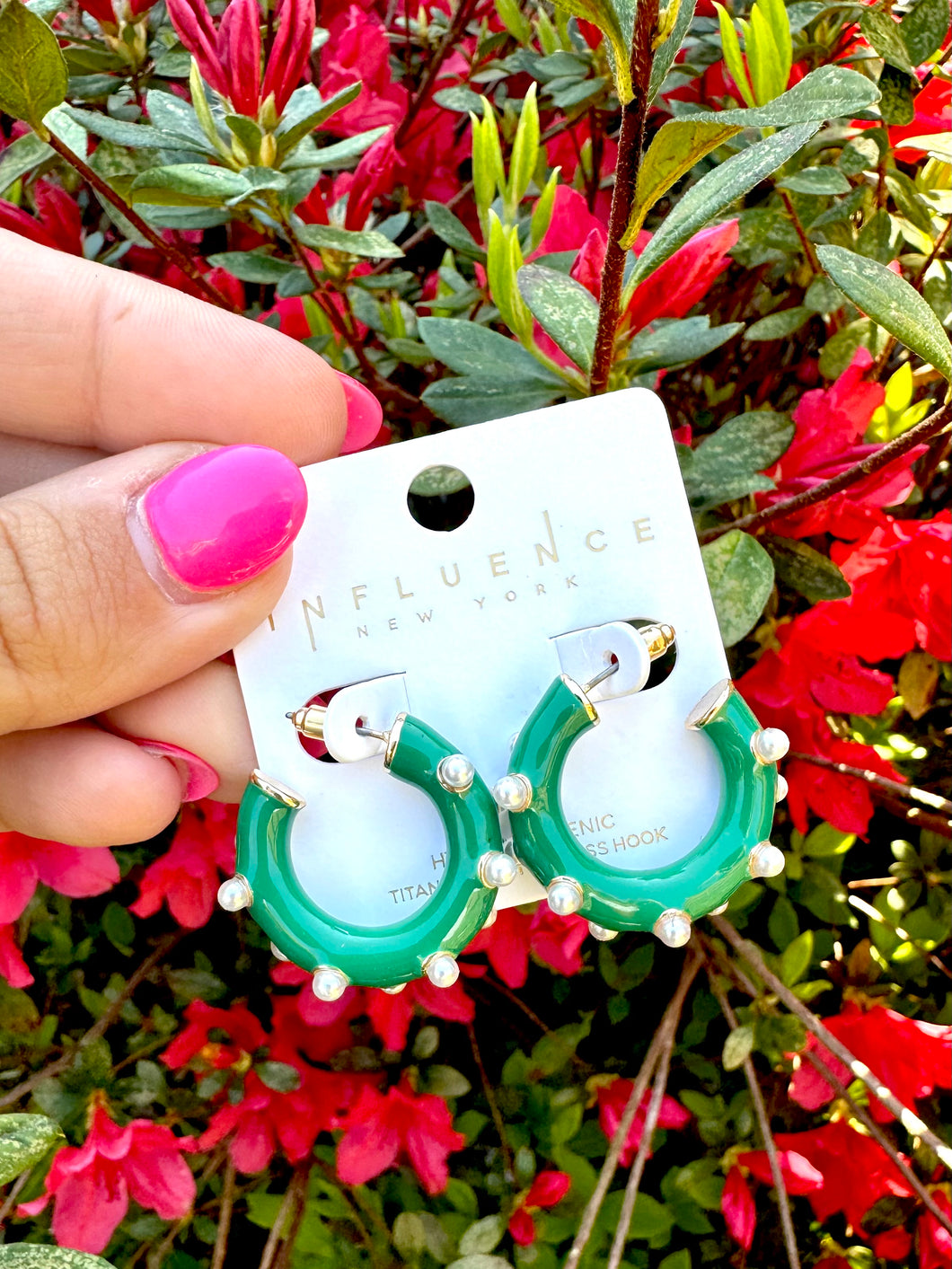 Green pearl hoop earrings