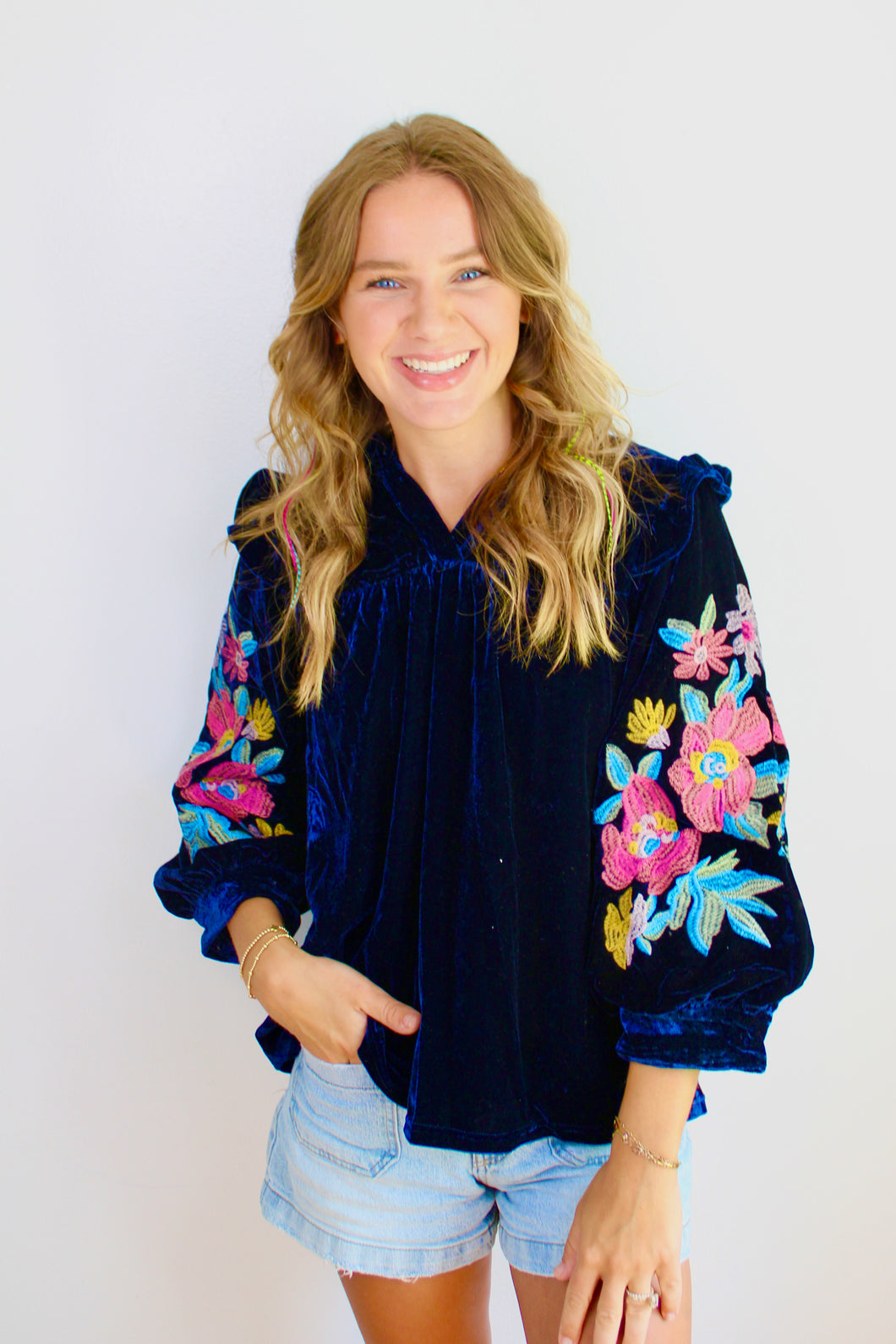 Navy velvet embroidered top