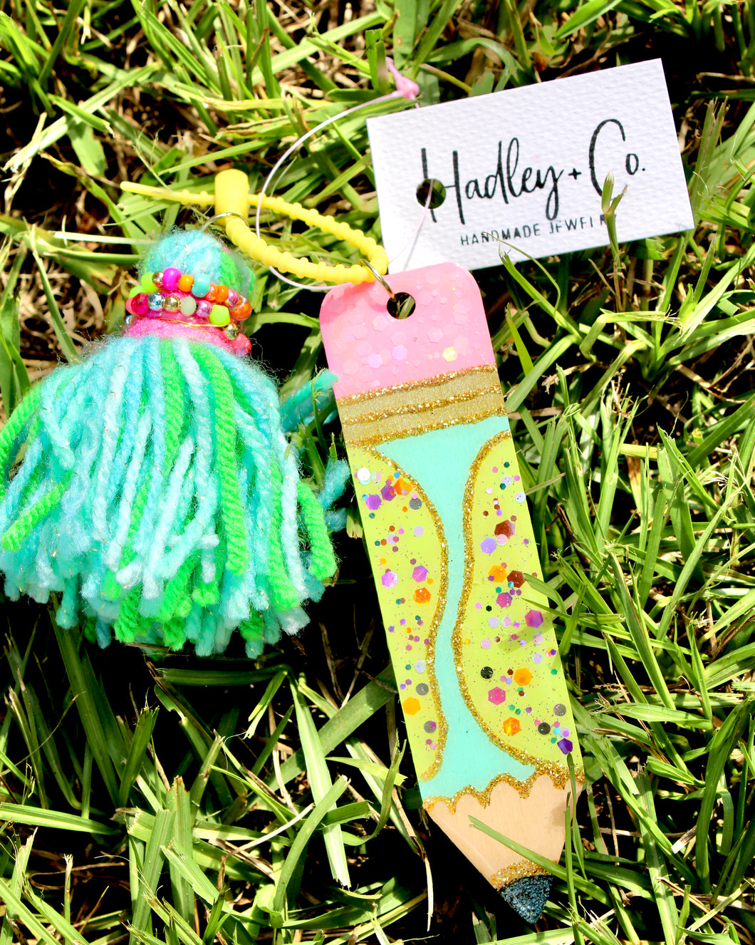 Lime blue confetti pencil bag charm- Hadley + co