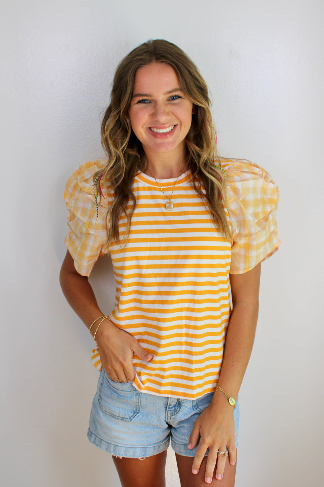 Orange stripe gingham top