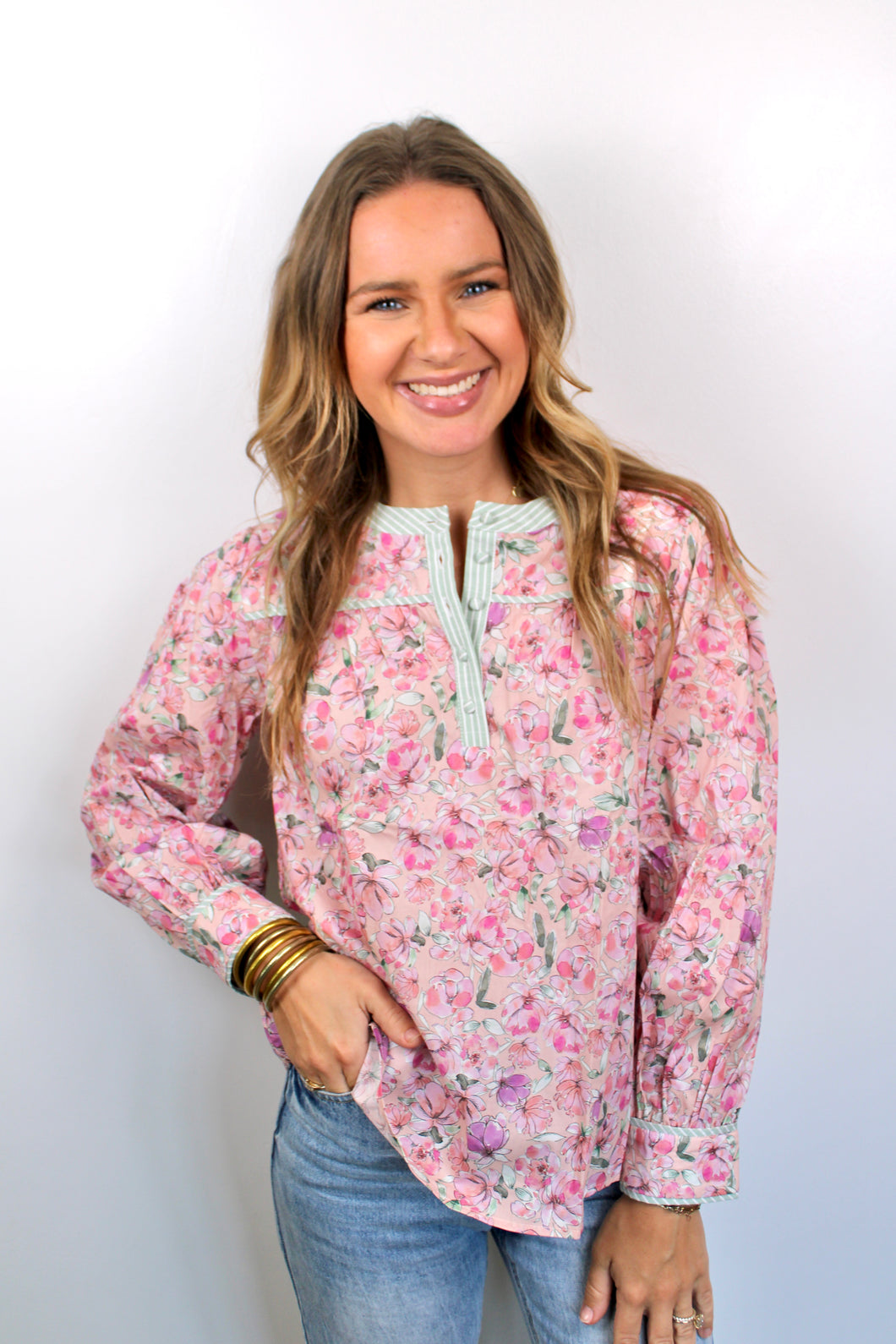 Pink sage mixed floral top
