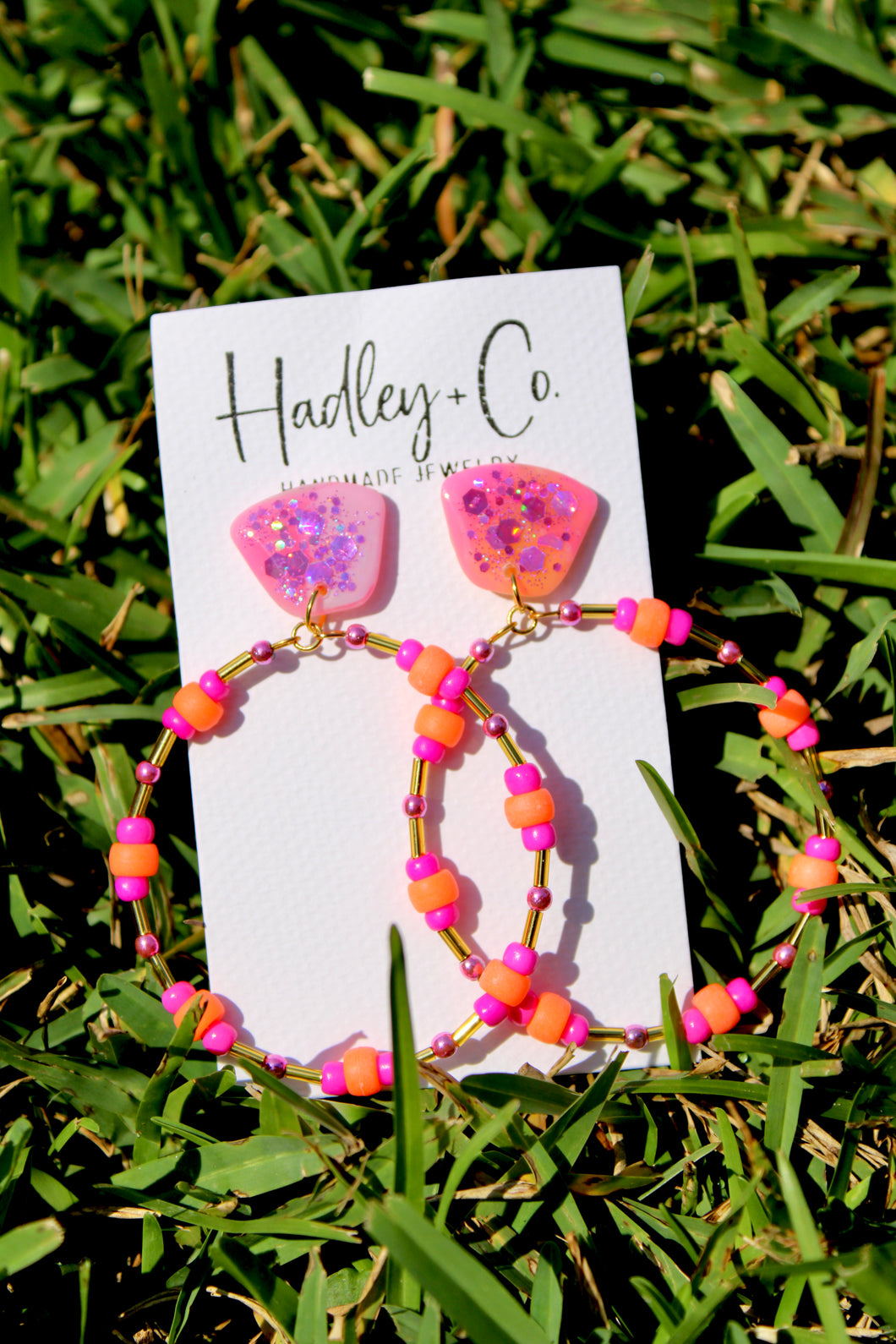 Pink orange confetti beaded Hadley + co earrings