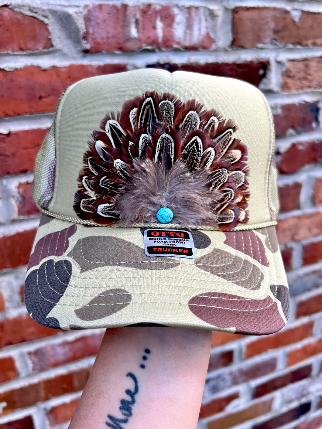 Tan camo feather trucker hat- hart designs