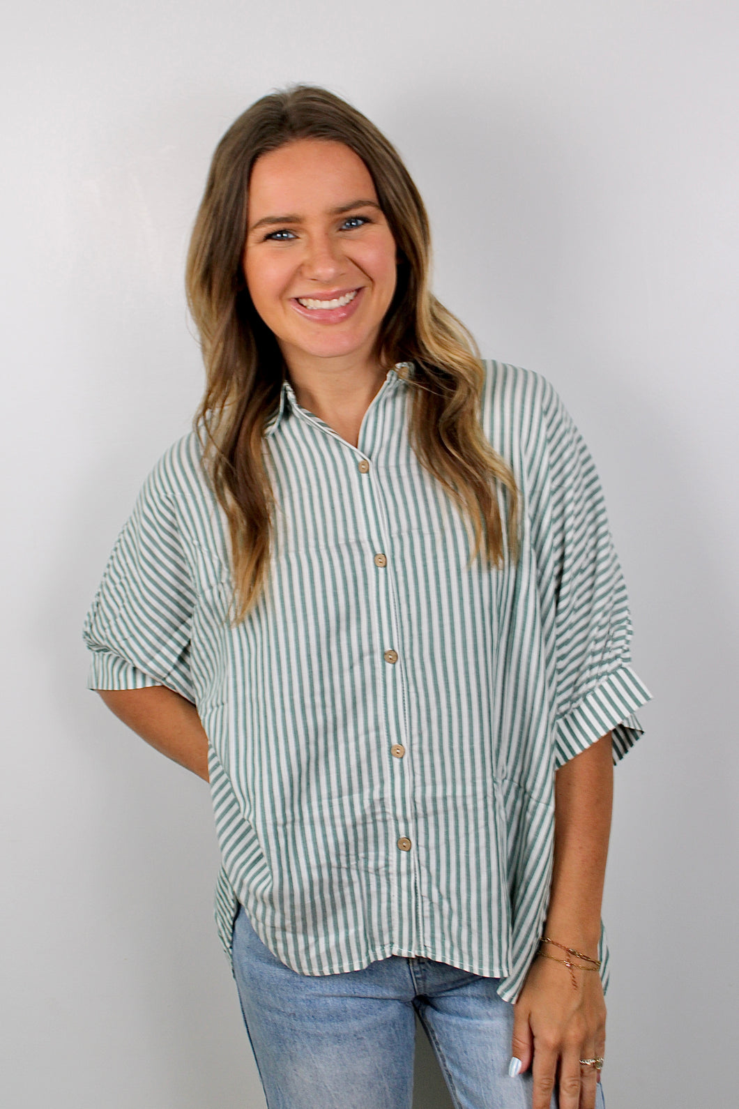 Green stripe button down top
