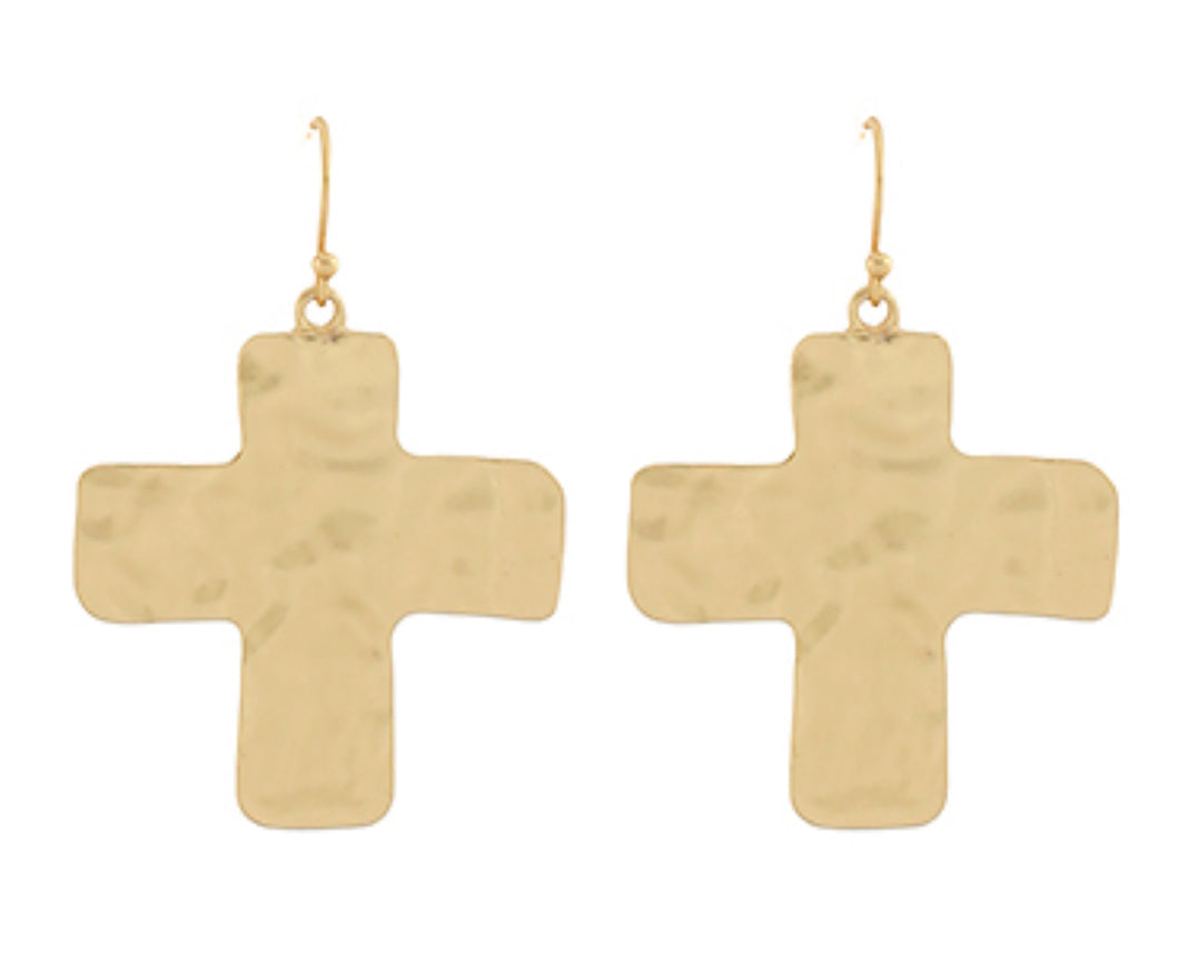 Gold hammered cross earrings