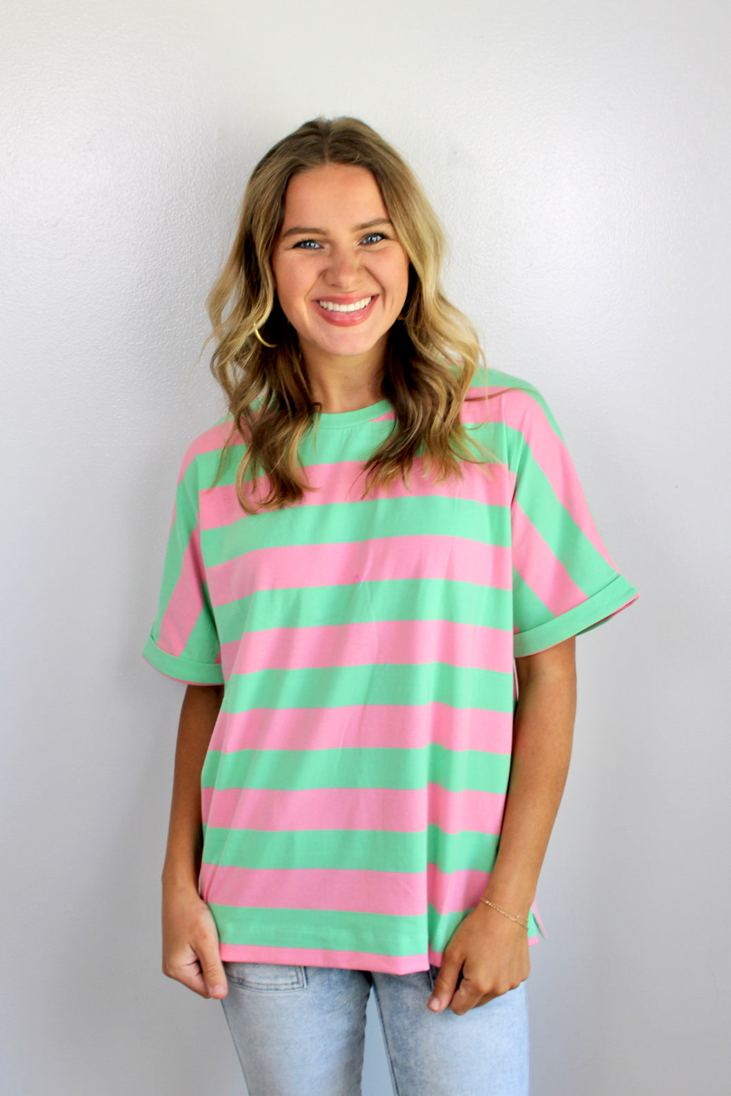 Green pink rolled sleeve top