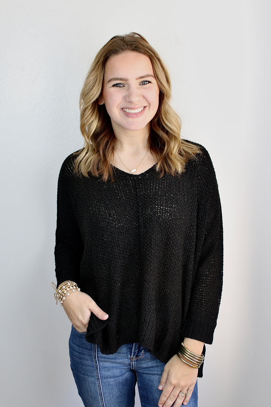 Black dolman sleeve v neck sweater