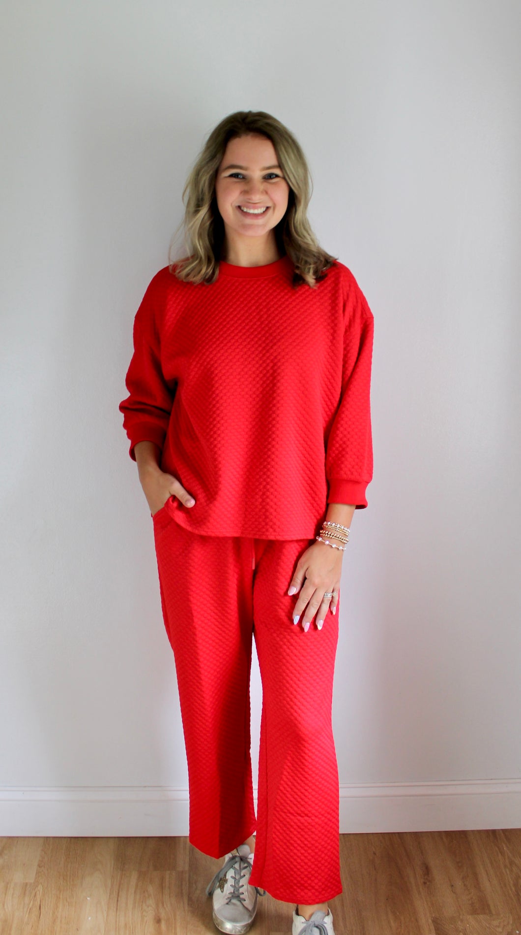 Red textured pants set