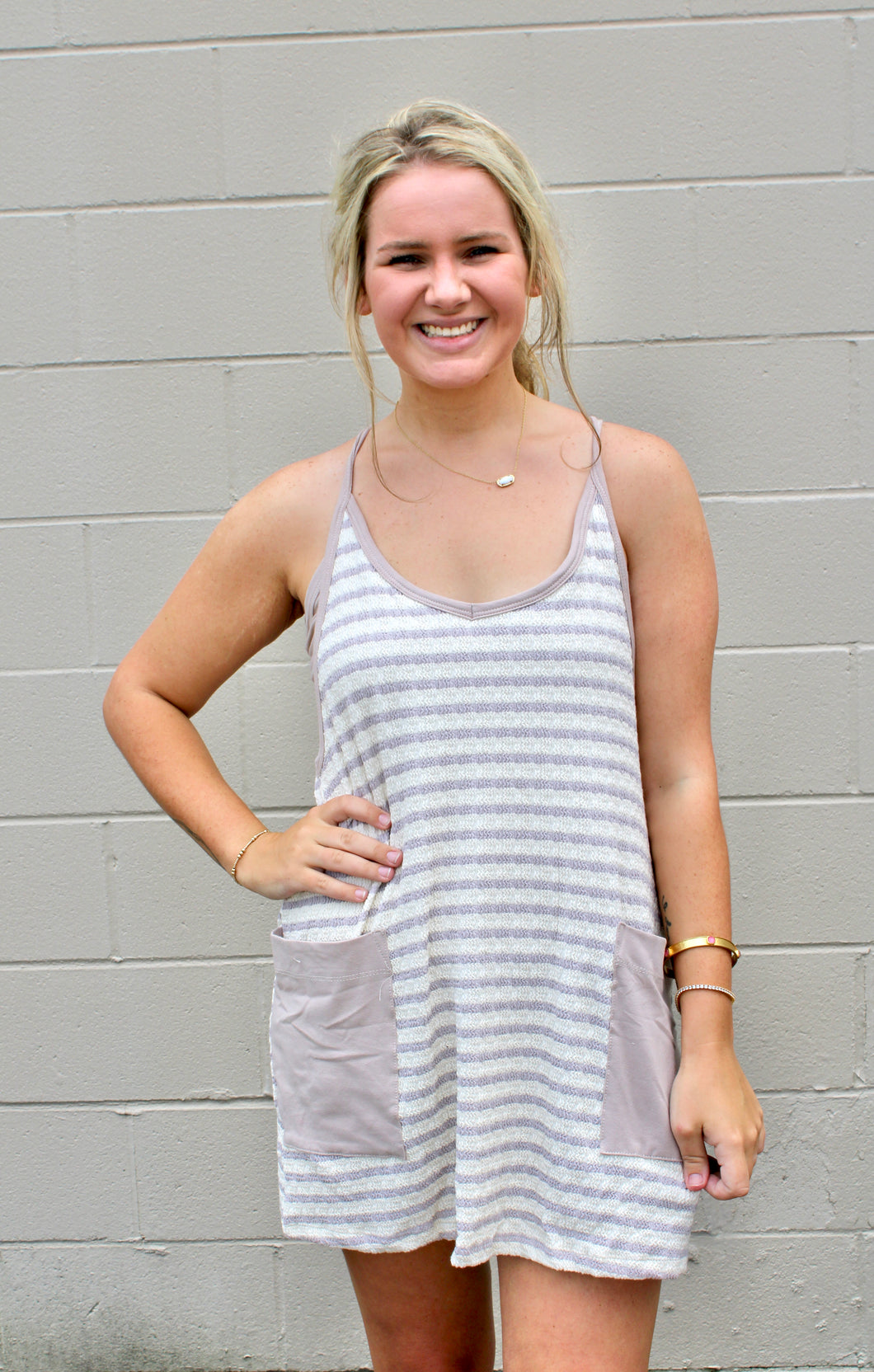 Taupe stripe romper dress