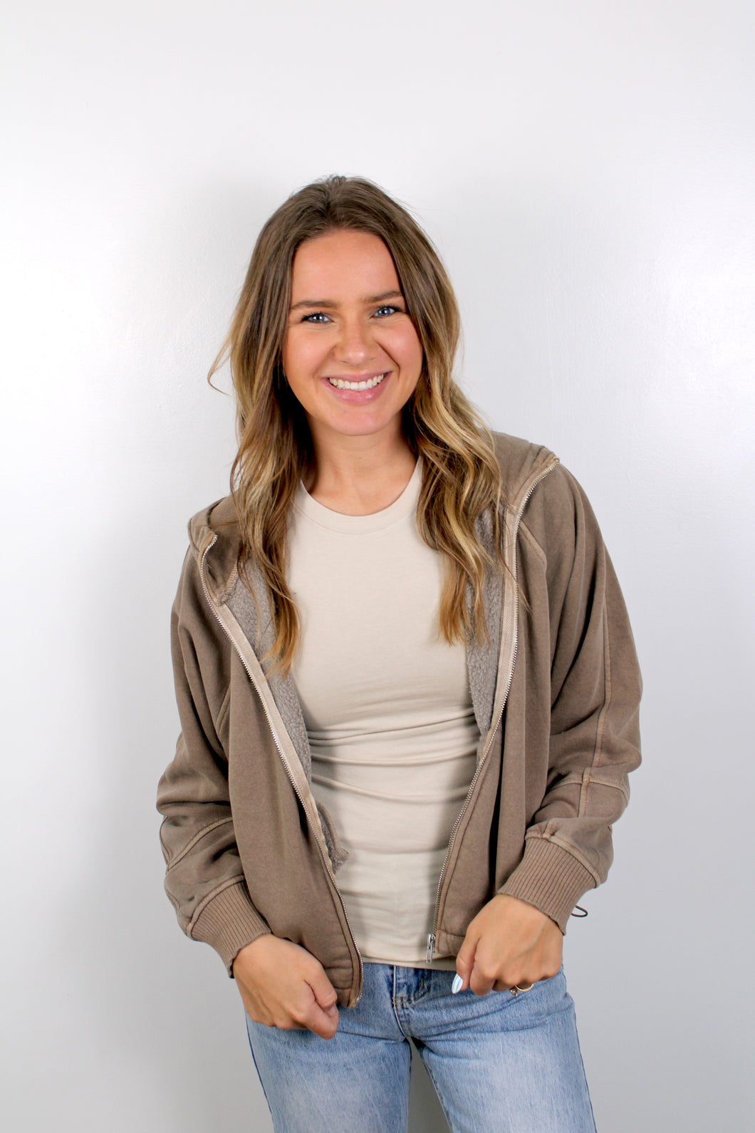 Brown zip washed jacket