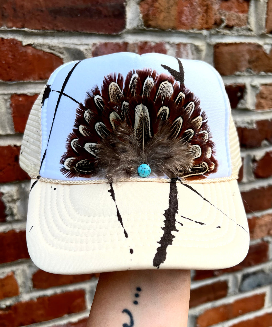 Beige white splatter feather truckers hat- hart designs