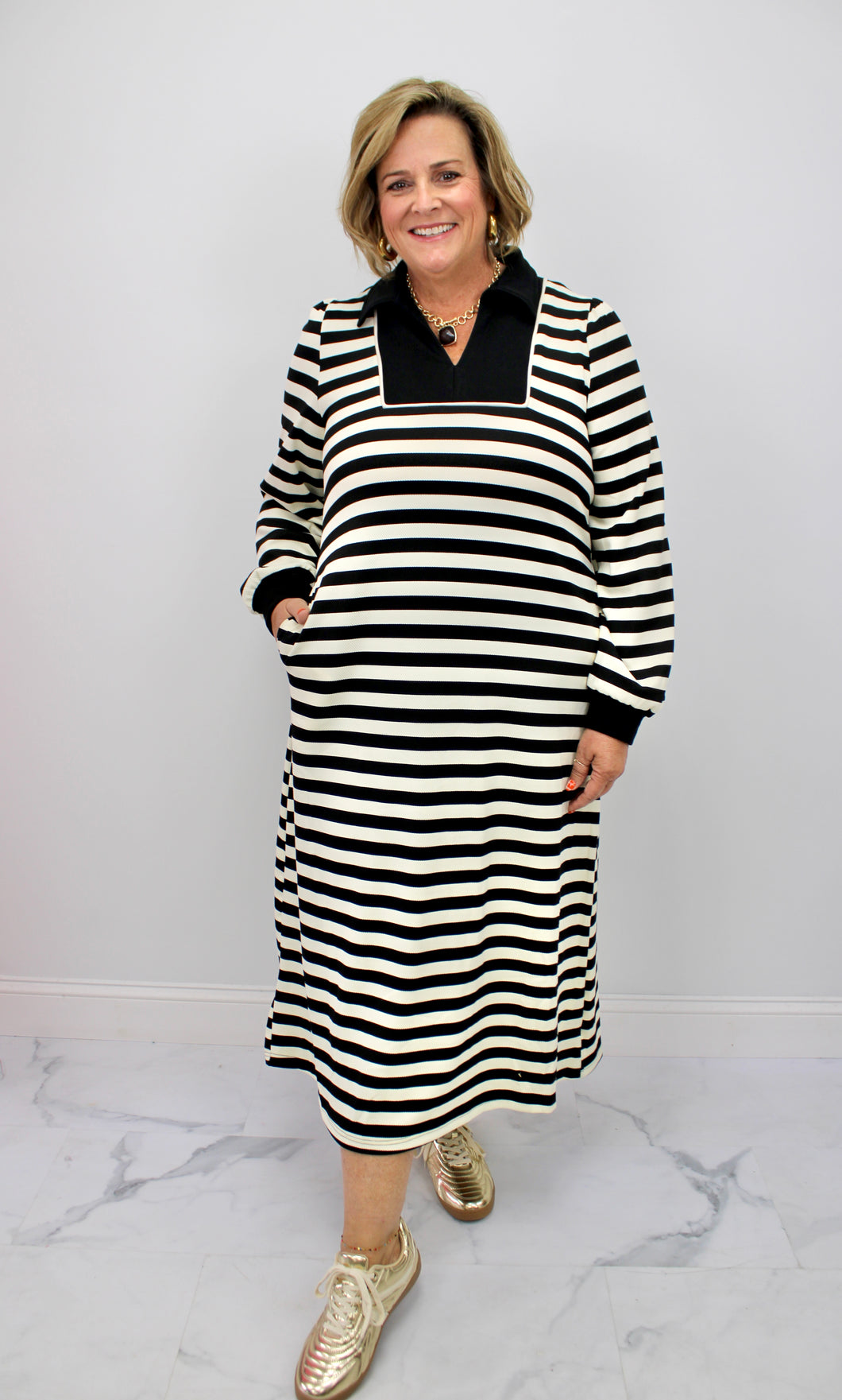 Black White stripe midi dress