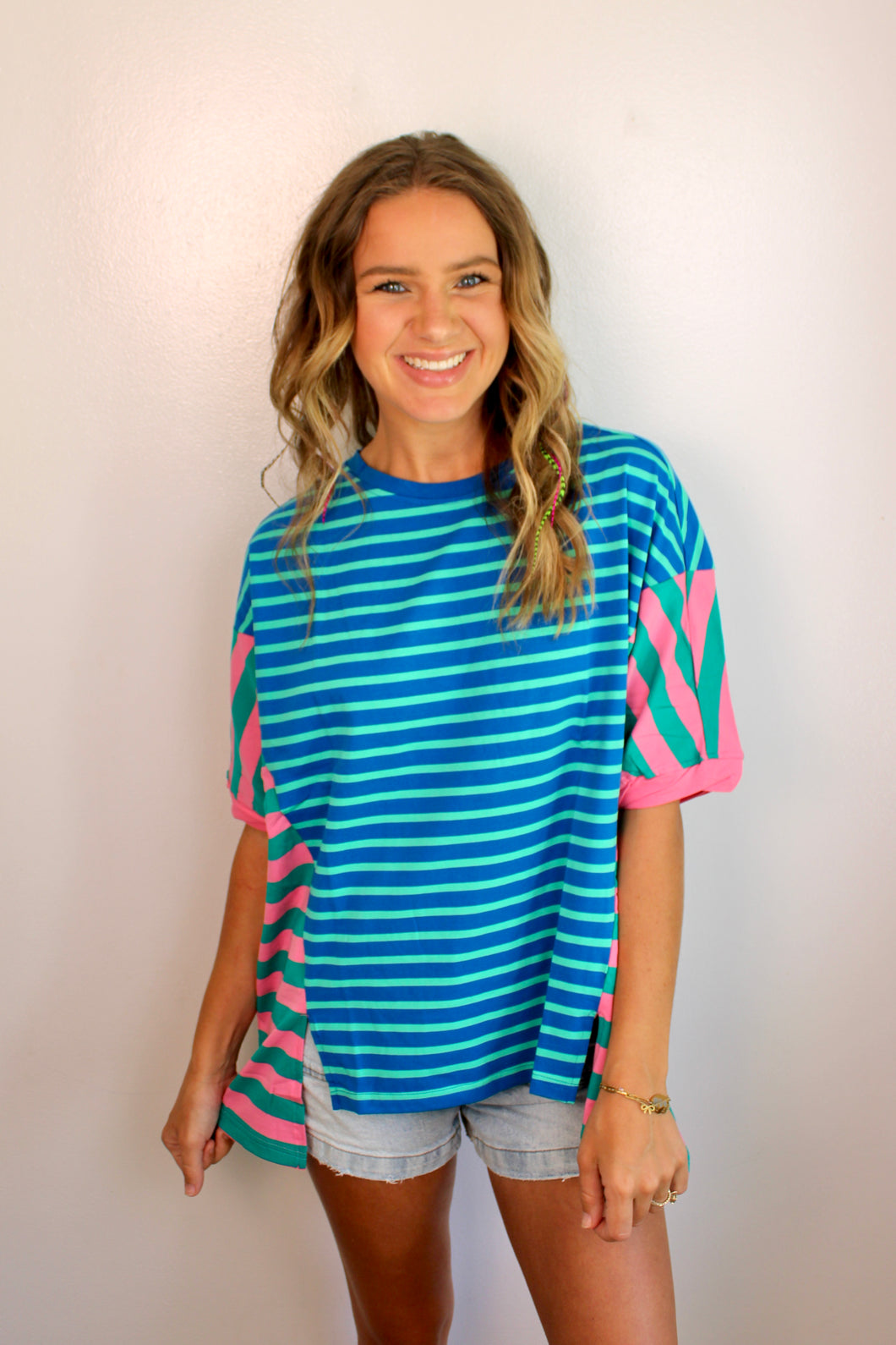 Teal pink stripe top