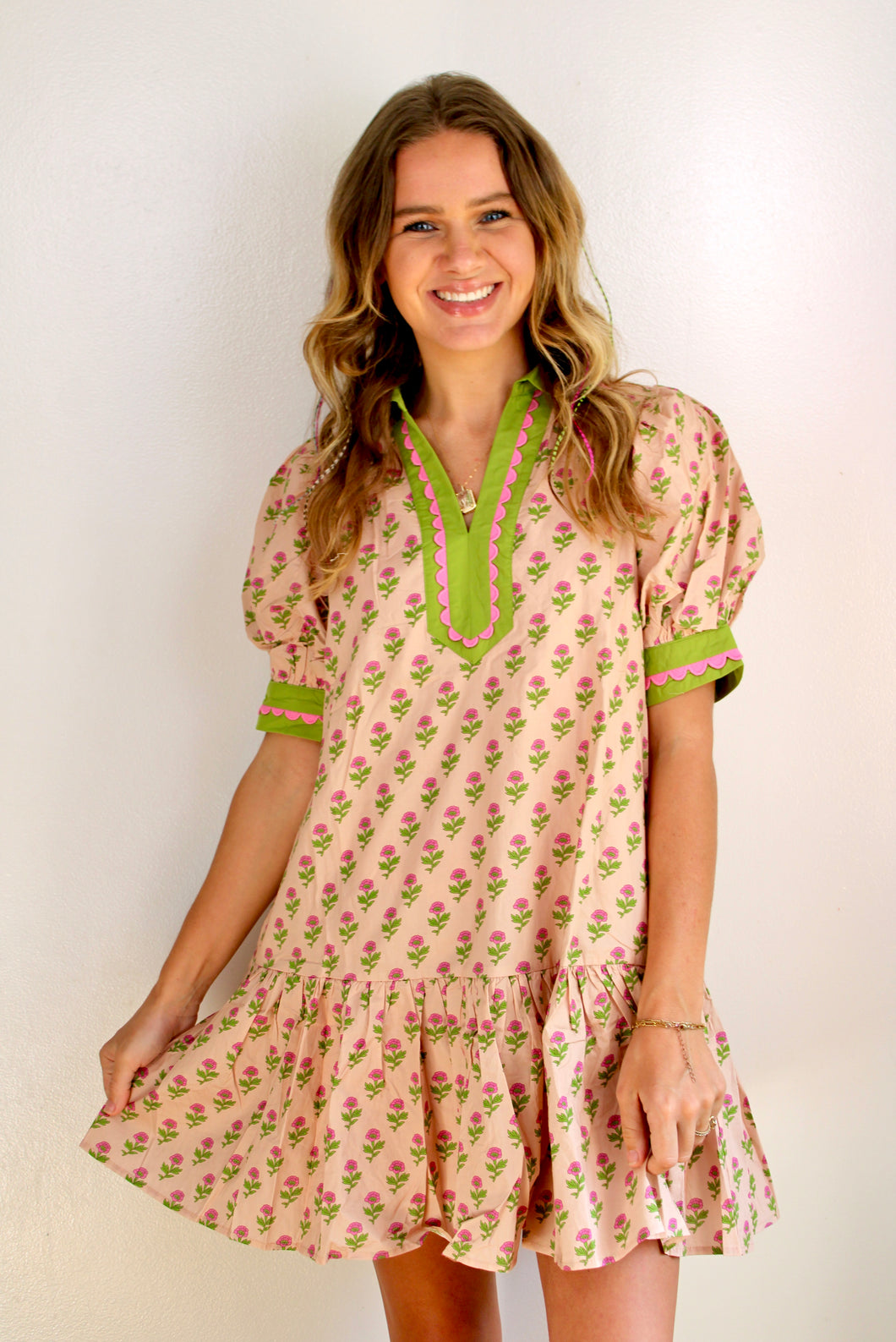 Green pink floral puff dress