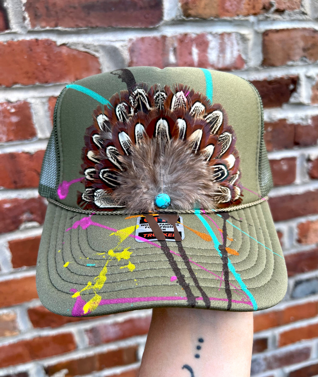 Olive green feather splatter trucker hat- hart designs