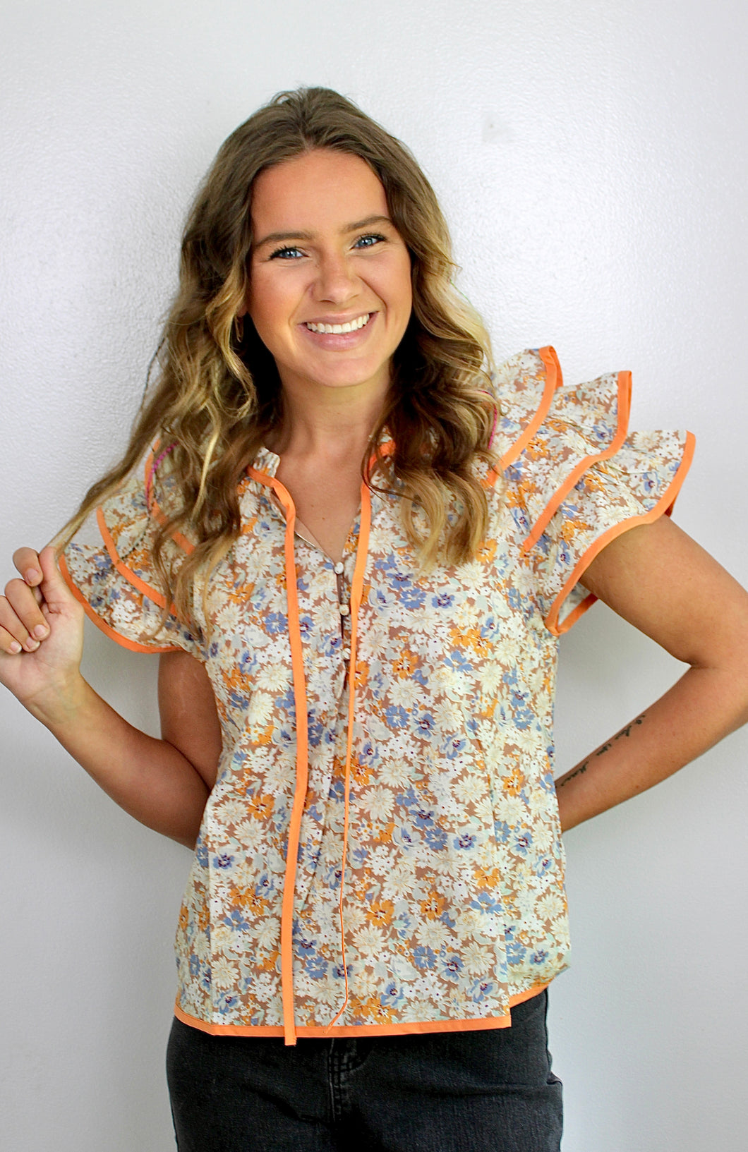 Orange taupe floral ruffle top
