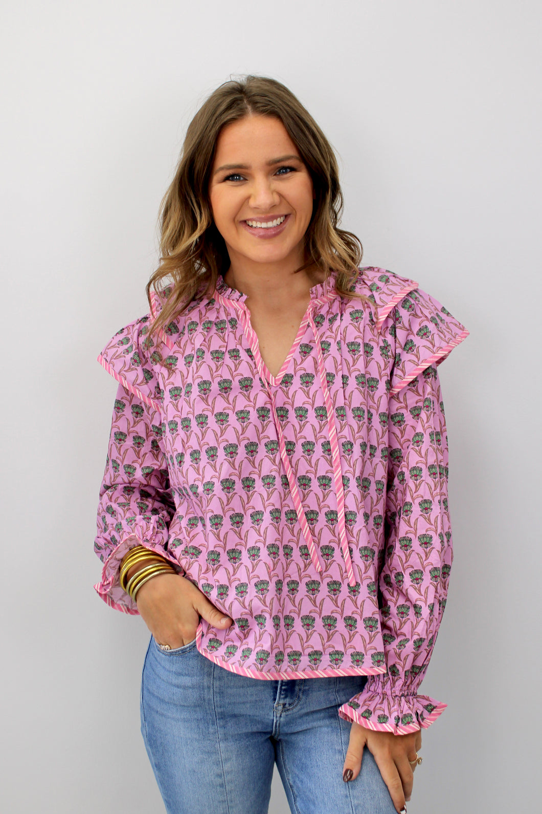 Orchid floral ruffle top