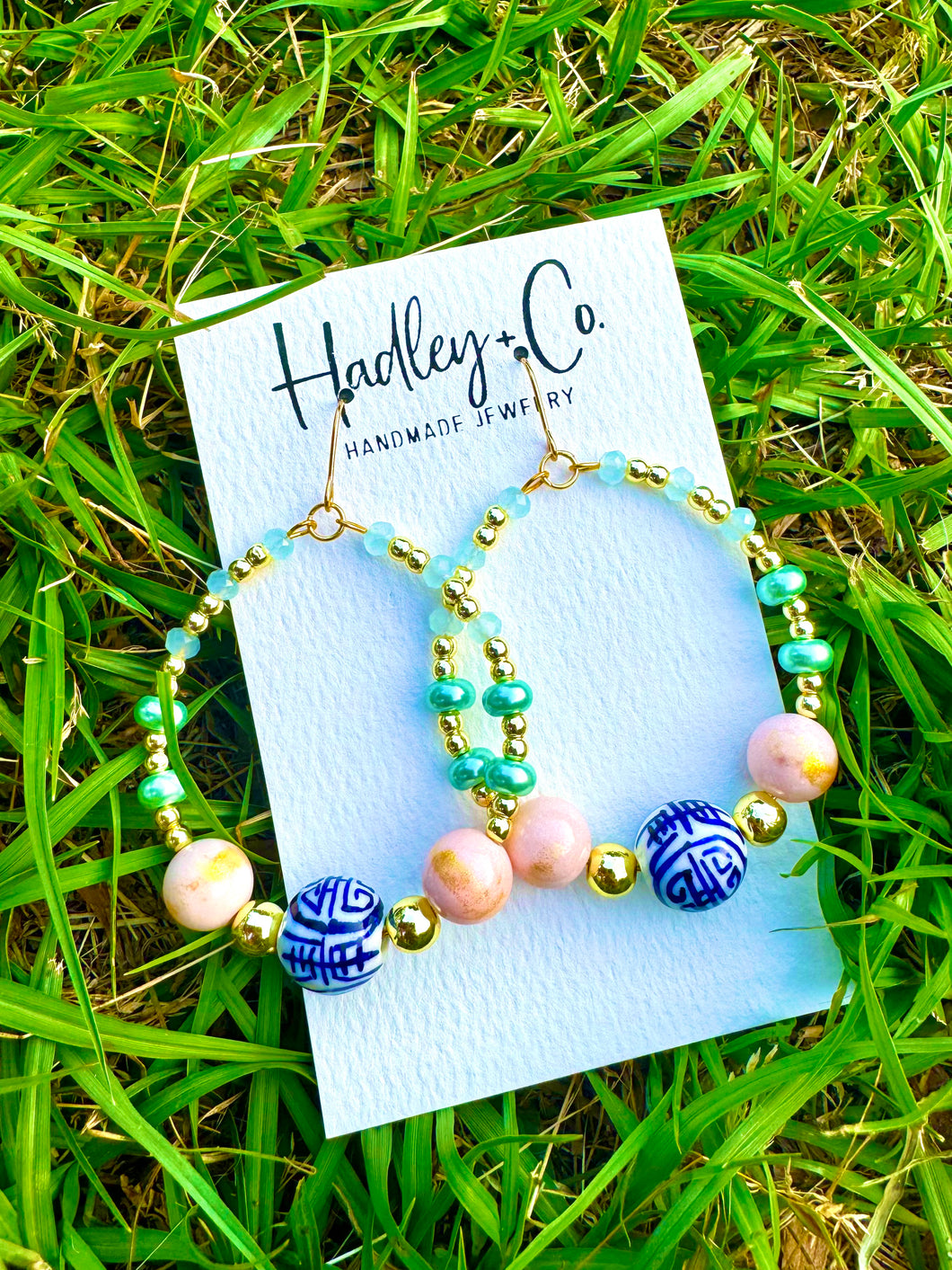 Mint pink chinoiserie Hadley + co earrings
