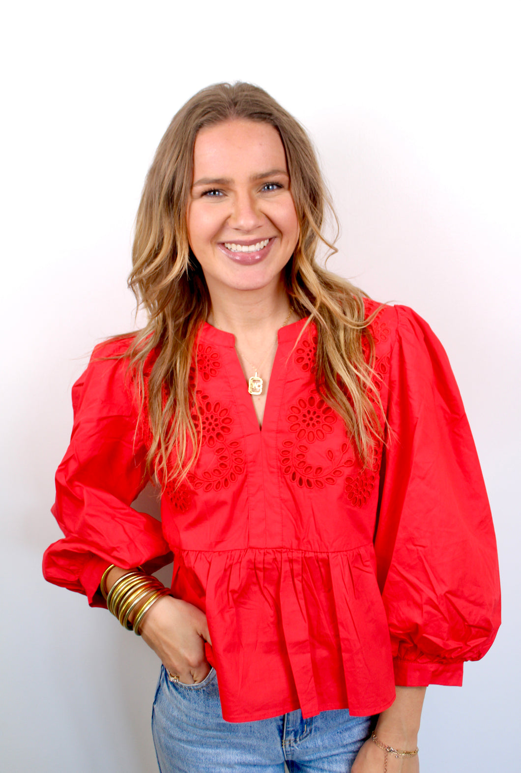 Red balloon sleeve top