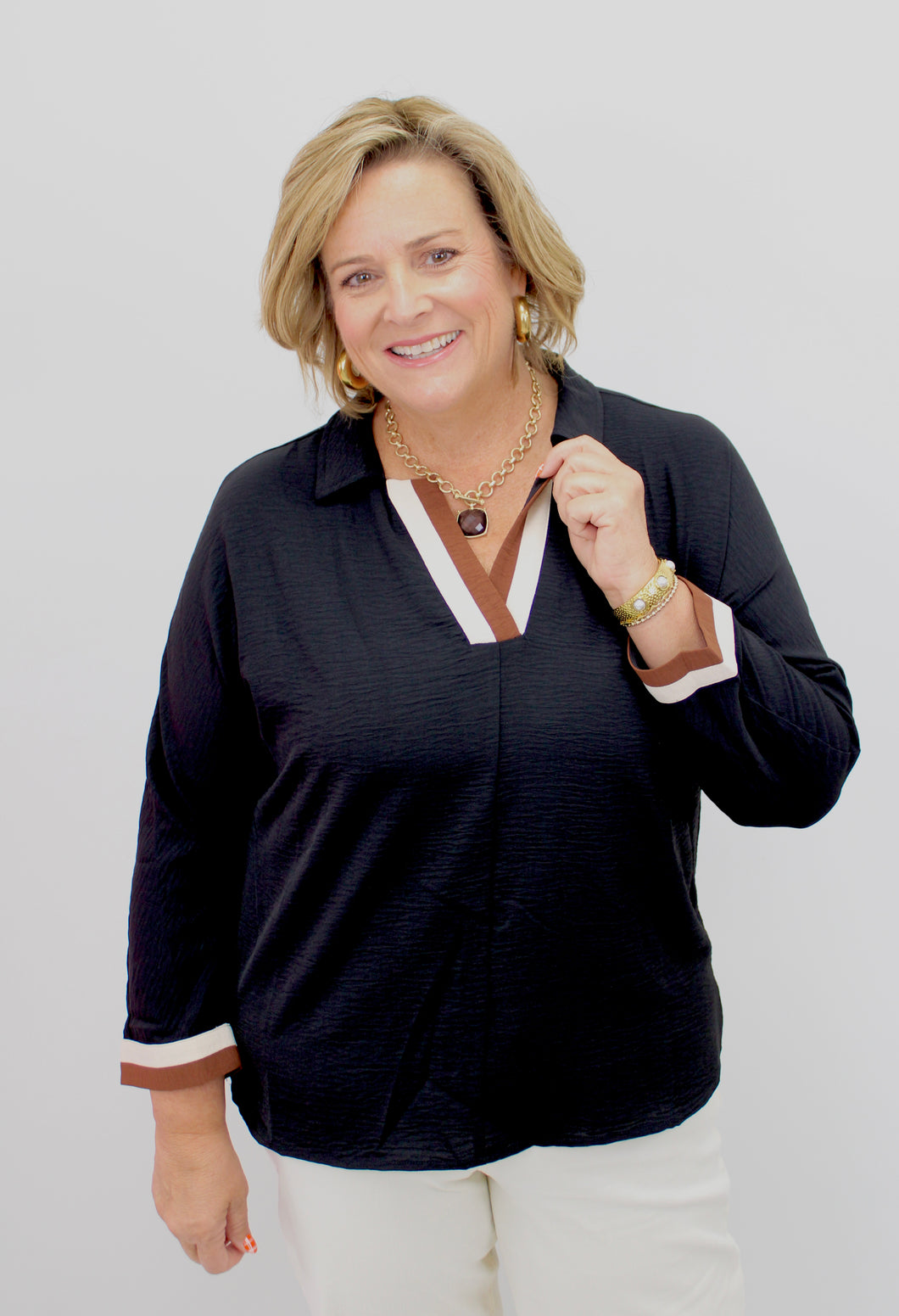 Black brown trim top