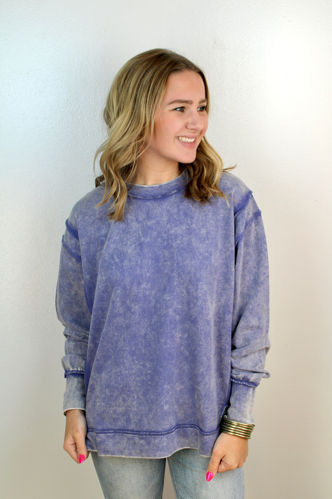 Berry blue washed exposed seam pullover