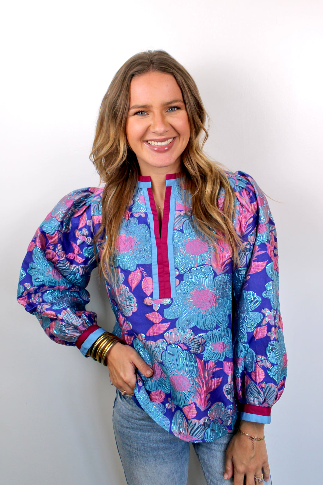 Purple blue pink metallic top