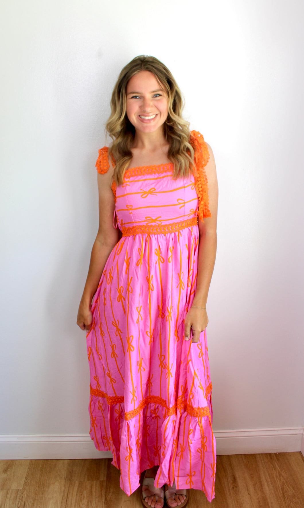Pink orange bow midi dress