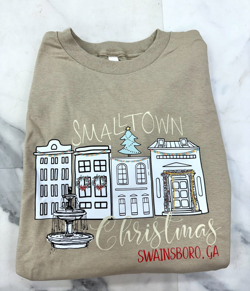 Tan small town Christmas long sleeve tee