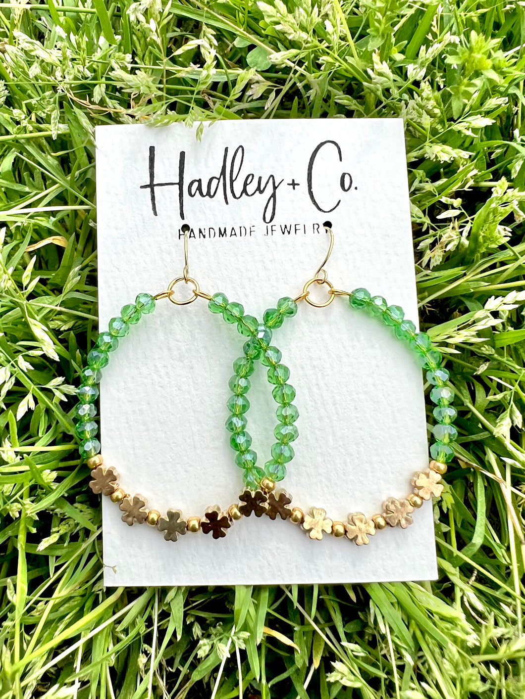 Green gold clover beaded Hadley + co earrings