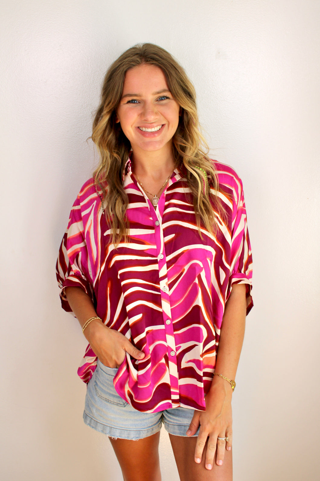 Pink zebra button down top