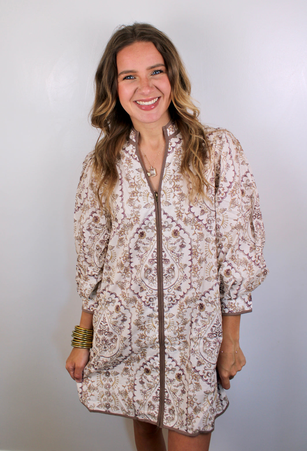 Brown ivory zip dress