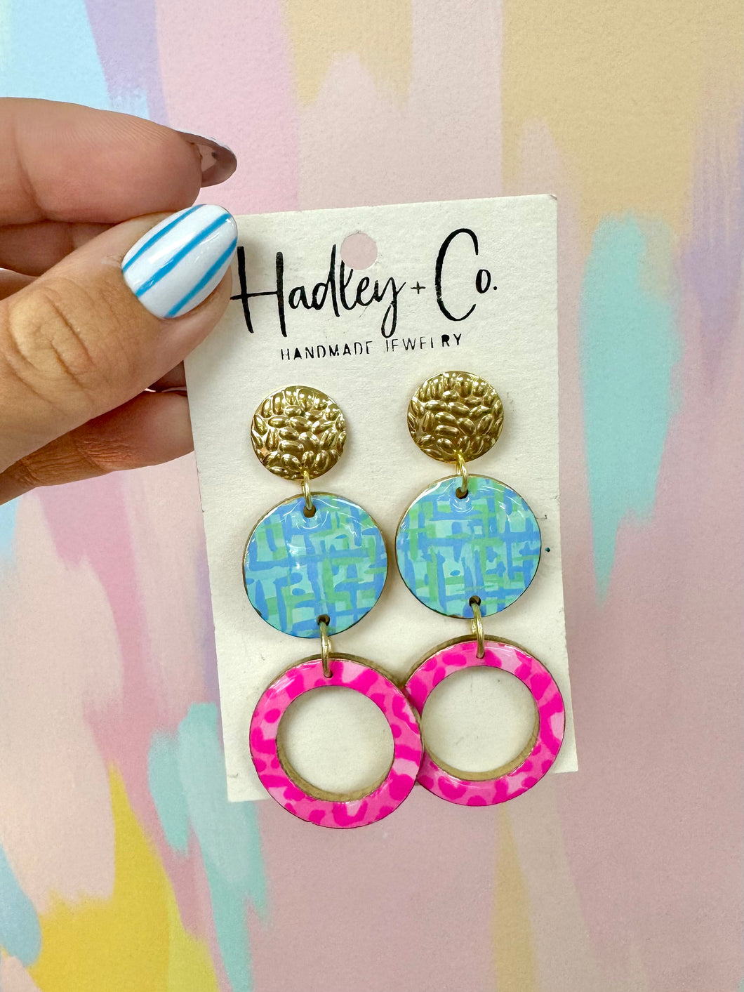 Blue pink painted round Hadley + co earrings