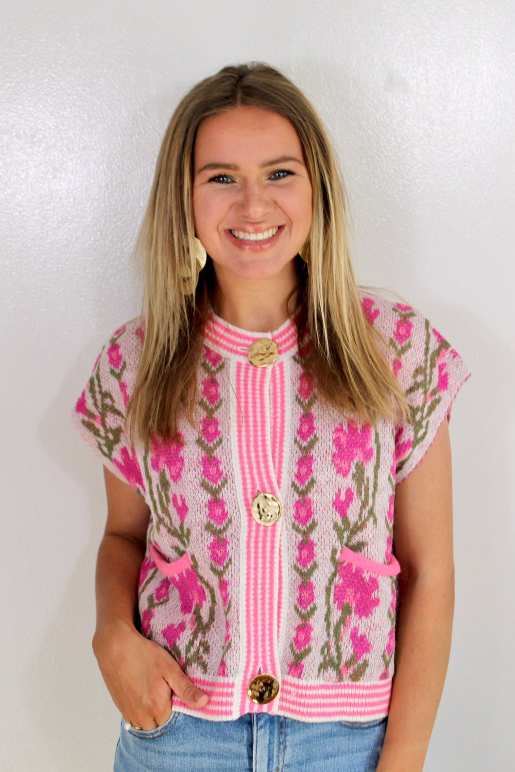 Pink flower gold button top- last chance