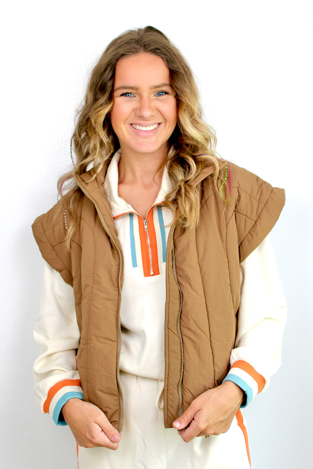 Tan zip puffer vest